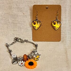 Silver and Yellow Sunflower Heart Earrings and Charm Bracelet Bundle.